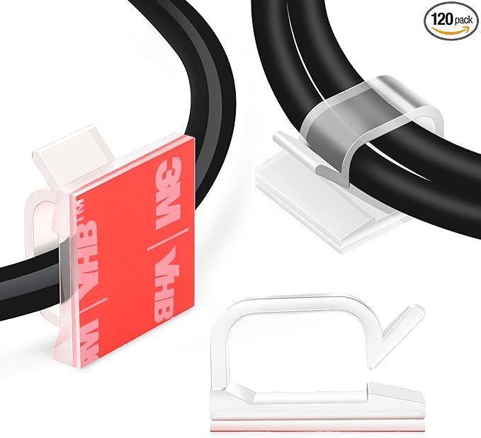 XHF 3/4” Adhesive Cable Wire Clips Clear 120pcs, Cable Staples Outdoor Cable Management Wire Organizer Cord Holder for Under Desk, Car, Wall, TV PC Ethernet Cable WCL7-clear-120p