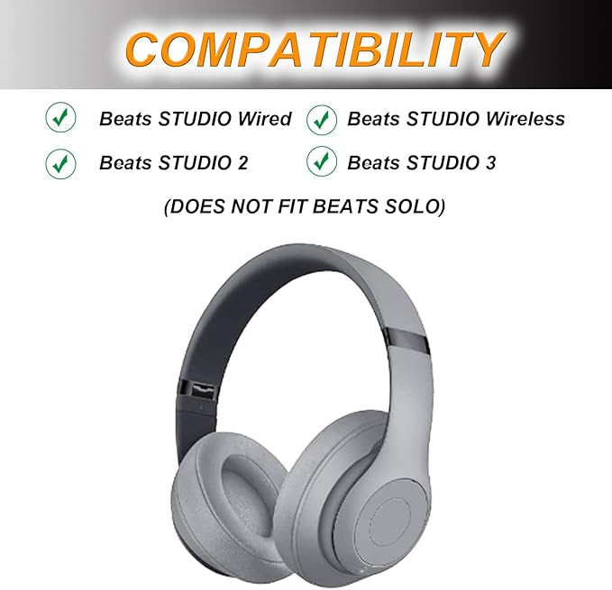 Replacement Ear Pads Cushions for Beats Studio（B0501、B0500），Beats Studio 2 & Studio 3 Wired & Wireless Headphones, Earpads with Soft Protein Leather, Noise Isolation Memory Foam - Grey