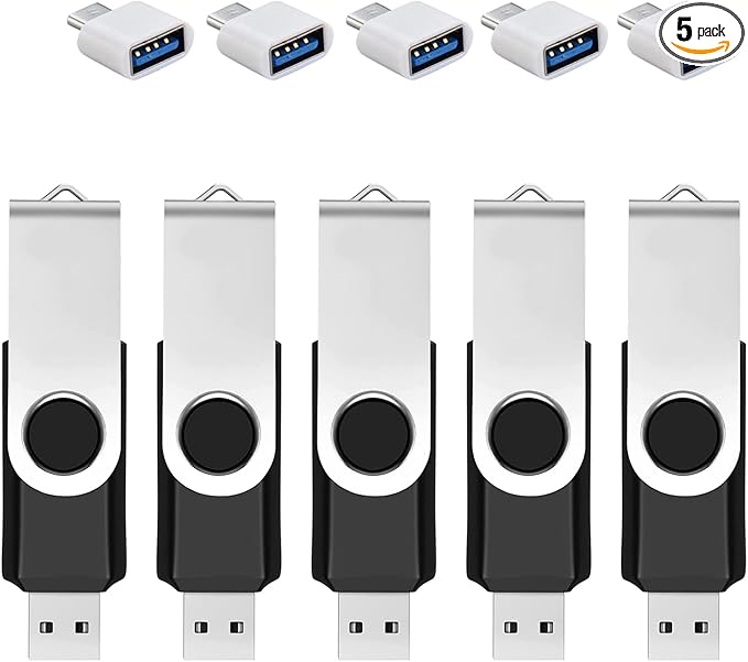 5 Pack 64GB USB Flash Drive with Type C Adapter and Storage Box USB 2.0 High Speed Metal Pen Drive 360° Rotatable Storage Memory Stick for Phone/Pad/PC/Laptop/Android - Black(5-Pack 64GB)