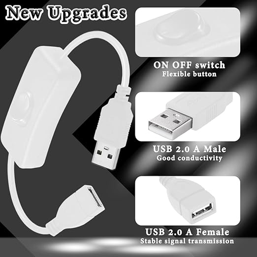 4PCS USB Power Switch Cable USB 2.0 A Male to Female Extension Cord On/Off Adapter with Inline Rocker Switch with Cable Ties for Driving Recorder Small Desk Lamp LED Strip (White)