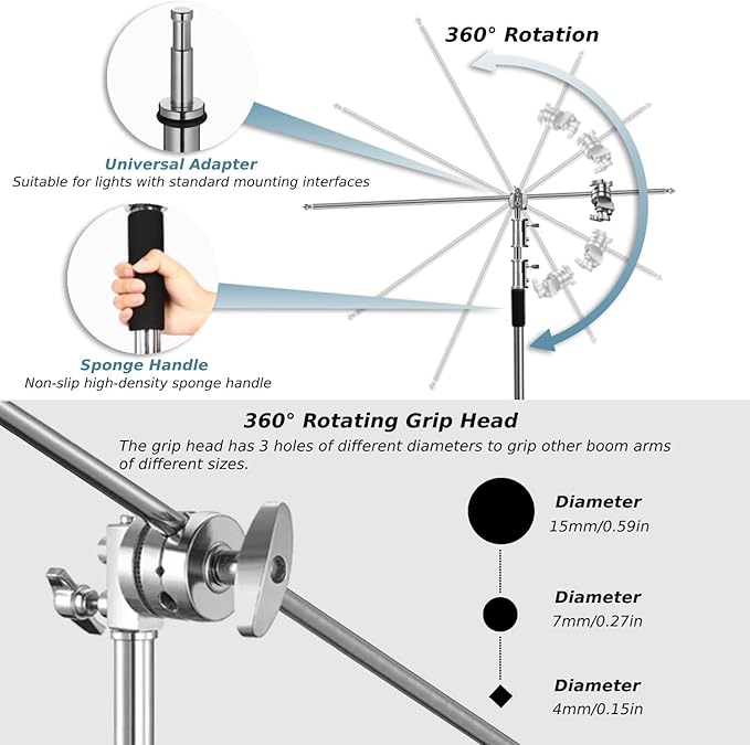 Heavy Duty C Stand with Boom Arm, Stainless Steel Heavy Duty Photography Light Stand, Adjustable Height 4.9ft-10.8ft, with 4.1ft Holding Arm, for Reflector, Umbrella, Softbox, Monolight