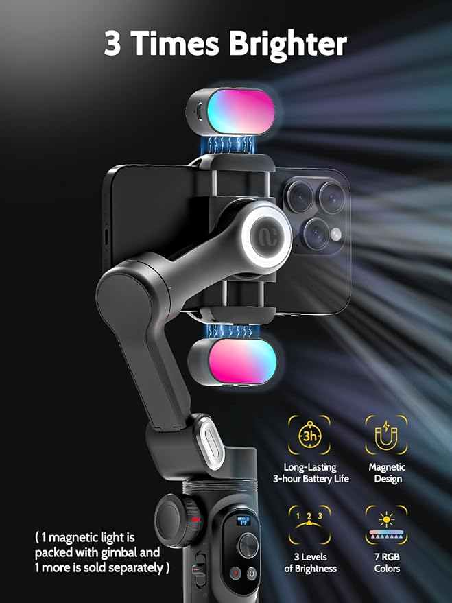 3-Axis Gimbal Stabilizer for Smartphone w/RGB Magnetic Fill Light Phone Gimbal for iPhone/Android Foldable iPhone Stabilizer w/Upgraded Face Tracking Vlog Recording-Smart X Pro Kit