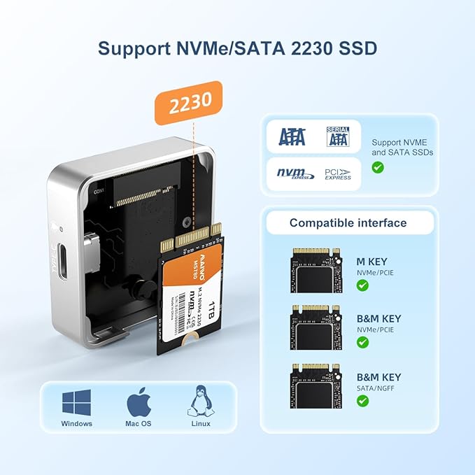 MAIWO USB-C Enclosure for M.2 2230 PCIe NVMe NGFF SATA SSDs, 10Gbps Full Metal Compatible with iPhone 15/16 Pro/Pro Max 4K ProRes Recording, Windows, macOS, Linux