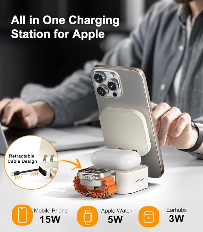 2025 Retractable 3 in 1 Charging Station for Apple,15W Fast for MagSafe Magnetic Wireless Charger with Retractable Cable, Foldable Travel Stand for iPhone 16 15 14 13 12 Pro Max iWatch Airpods