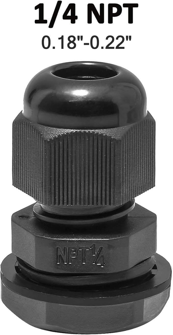 20 Pcs 1/4" NPT Nylon Cable Glands, IP68 Waterproof Adjustable Cord Grip Cable Connector Strain Relief Wire Protectors for 4-6mm Cable Diameter, Black