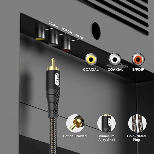 EMK RCA to RCA Subwoofer Cable – 24K Gold-Plated Connector Nylon Braided Double Shielded Audio Cable Digital&Analog Signal Support for Amplifiers Subwoofer Home Theater Hi-Fi Systems Black/6.6ft/2m