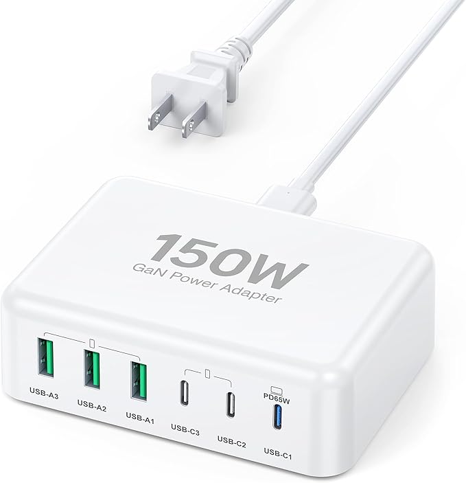 USB C Fast Charger, 150W 6 Port Desktop PD GaN Fast Charger Charging Station Block 65W USB C Laptop Power Adapter for MacBook Pro/Air iPad iPhone 16 15 14 13 Pro Max Galaxy S24 Note 20 Pixel