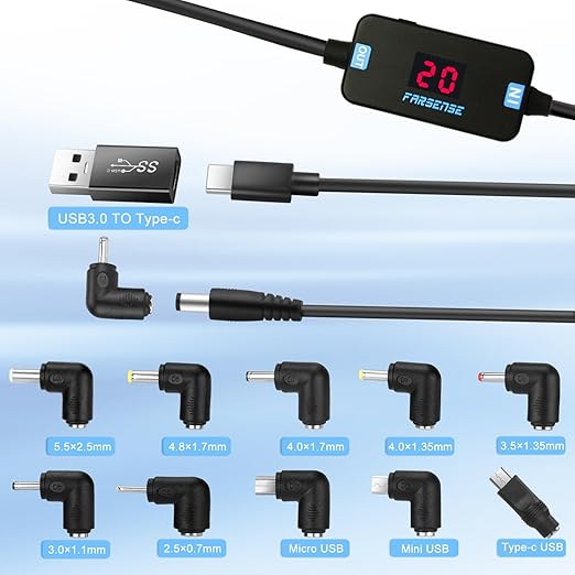 FARSENSE USB C to DC Adapter,Barrel PD Trigger Cable(3.3ft) with 10 Connector Tips,USB to DC Power Cable can Switch Voltage by Pressing The Key,Support LED Display Voltage