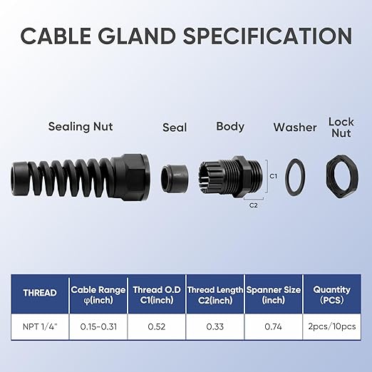 Strain Relief Cord Connector,LISTENJIALE 2Pcs NPT 1/4" Waterproof Cable Gland Flex Spiral Strain Relief Adjustable 4-8mm Cable Connector Nylon Joint with Gaskets(Black)