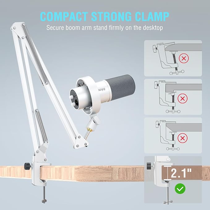 FIFINE Dynamic Microphone with Boom Arm, Studio Vocal XLR Microphone, Podcast USB Mic Kit for PC with Mute Button, Volume Knob, Headphone Jack, for Streaming Recording-AmpliTank K688CT White