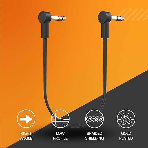 Rock Stock 1/4" Stereo TRS Flat Patch Cables - 12" Ultra-Thin, Right Angle, Low Profile, Gold Plated, Braided Shielding - Maximize Pedalboard Space, Eliminate Noise, Connect Guitar Effects Pedals