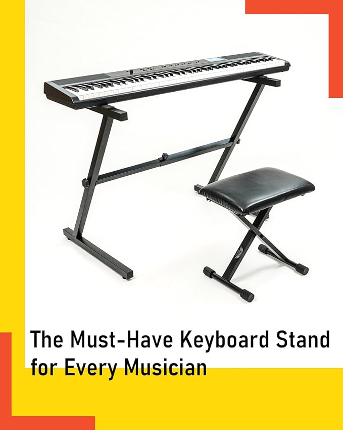 Stage Rocker Z-Style Keyboard Stand, Adjustable Width for 61/88 Key Keyboards, Sturdy & Durable Digital Piano Stand, Easy Storage, Sleek Black.