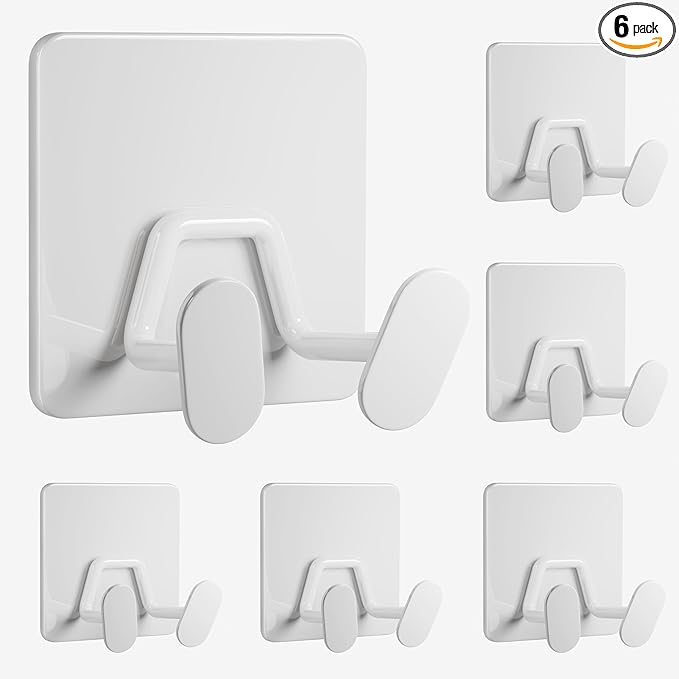 Adhesive Shower Hooks for Bathroom - Extra Sticky Stainless, Wall Hooks for Hanging Towel, Razor, Loofah, Robe, Coat, Heavy Duty Hanger for Kitchen, Bedroom, Door, Metal, Matt White, 6 Pack
