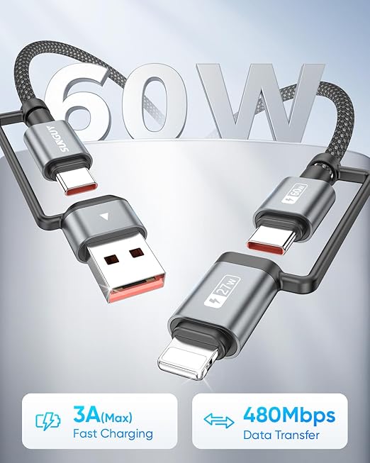 SUNGUY 4 in 1 Charging Cable 6FT [2 Pack], 60W Multi Charging Cable, USB-C/A to Lighting/C Cord for iPhone 16/15/14 Pro/iPad/MacBook/Samsung Galaxy S25/S24/Tablets