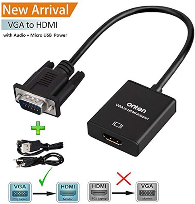 VGA to HDMI, 1080P Adapter (Male to Female) for Computer, Desktop, Laptop, PC, Monitor, Projector, HDTV with Audio Cable and USB Cable (1 Pcs)