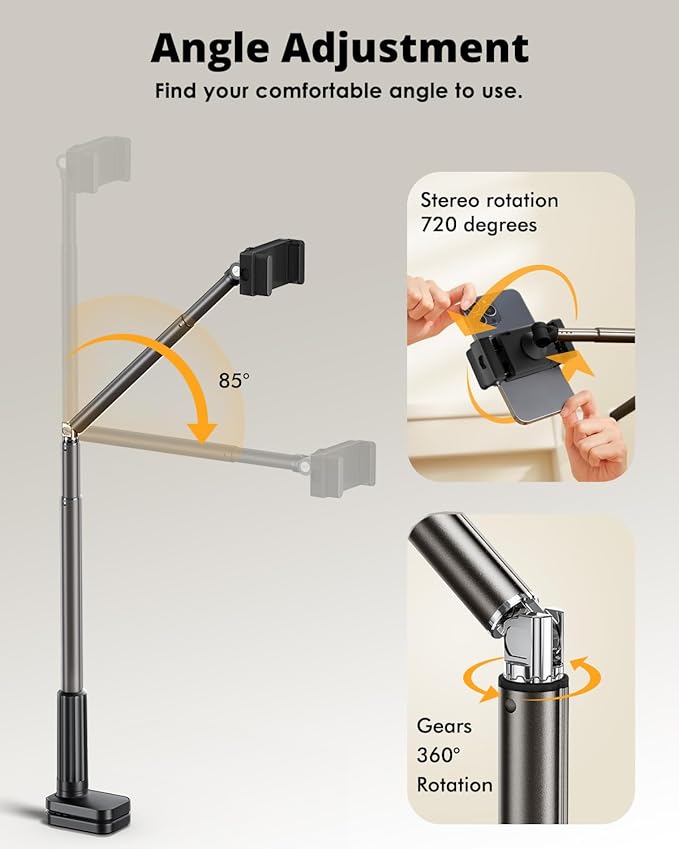 Phone Holder for Bed, 360° Rotation Cell Phone Stand, Flexible Long Arm Headboard Bedside Clip, Multi-Functional Overhead Phone Mount for 3.5-11" Phones, Tablets, Kindle, Black