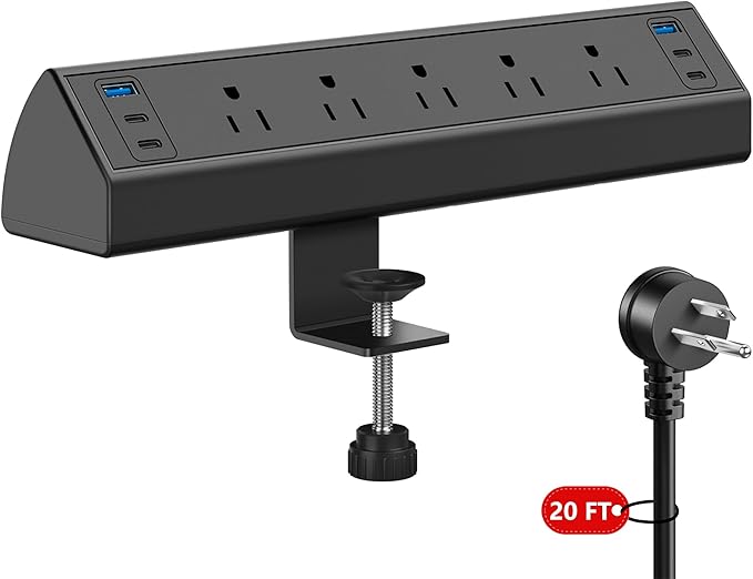 Desk Clamp Power Strip USB C,Under Desk Mount Power Station,20W Fast Charging,Fits 1.9'' Tabletop Edge,Desk Surge Protector,Perfect Home,Office Supplies (Black, 5 Outlets & 6 USB Ports & 20 FT Cable)