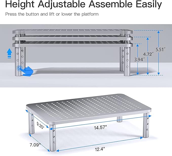 HUANUO Monitor Riser - 3 Height Adjustable Stand for Laptop, Computer, iMac, PC, Printer, Desktop Ergonomic Metal Monitor Riser with Mesh Platform