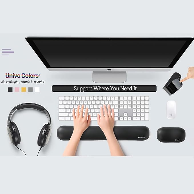 UnivoColors Design-Wave Set of Wrist Rest,Artificial Sheepskin+Memory Foam+Ergonomic+Anti-Slip Gel, Resilience Support During Work and Gaming,Keyboard Accessory,Pink