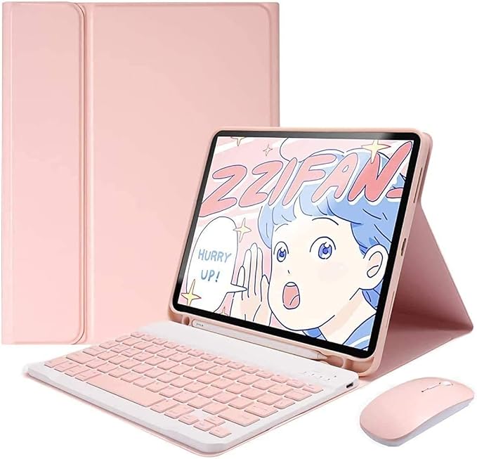AnMengXinLing Keyboard Case for iPad mini 5 with Mouse, Detachable Wireless Bluetooth Keyboard Pencil Holder Slim Leather Smart Cover for iPad mini 5th Gen 2019, Pink