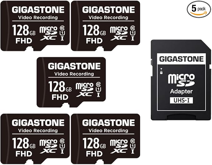 GIGASTONE 128GB Micro SD Card 5-Pack, A1 V30 4K Video Recording, Compatible with Security Camera, Dash Cam, Drone, 100MB/s MicroSDXC Memory Card UHS-I, with Adapter