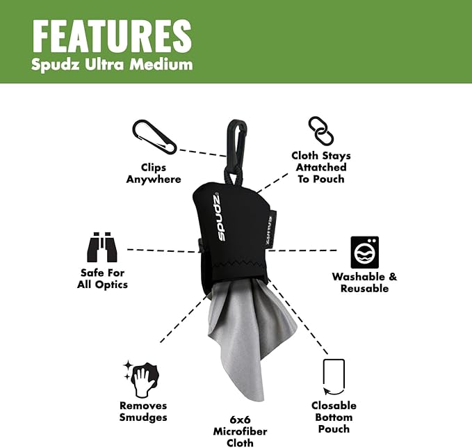 SPUDZ Ultra Microfiber Lens Cleaner – Closable Pouch, Clip-On, Washable – for Optics, Scopes, Glasses | Avocado, 6 x 6 Inch (2-Pack)