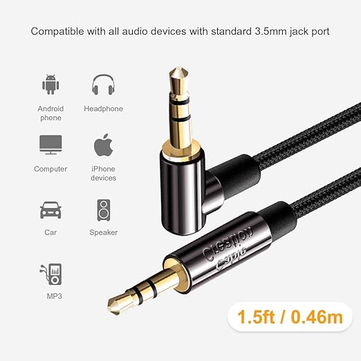 CableCreation 3.5mm Audio Cable 1.5FT/0.45M, 3.5mm Right Angle Male to Male Auxiliary Cable with Silver-Plating Copper Core for Car Stereos, iPhones, Tablets, PS4 Headset, Echo-Dot, 24K Gold Plated