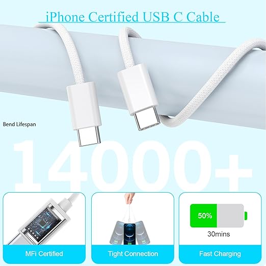 10FT Apple iPhone 16 15 Charger, 2-Pack Extra Long 10Foot USB C to Type C Charger Woven Cable Cord 20W USB C Charger Block Cube Super Quick Charging for iPhone 16 15 Pro/Plus/Pro Max,iPad Pro/Air/Mini