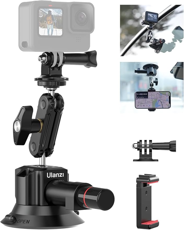 Suction Cup Mount for Action Cameras iPhone - ULANZI SC-01 3in Pump-actived Vacuum Suction Mount Magic Arm Phone Holder Action Cam Adapter Car Boats Windshield Window Mount for Action Cameras