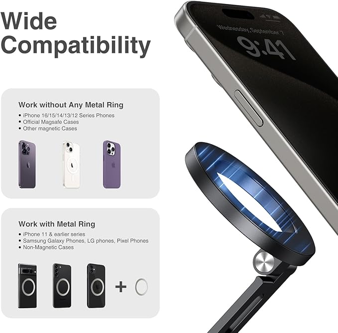 elitehood Aluminum Magnetic Camera Phone Mount with 360° Rotatable Cold Shoe Base, MagSafe iPhone Tripod Mount Adapter with 1/4” Screw & Hot Shoe, 180° Tilt Cell Phone Holder for Tripod Attachment
