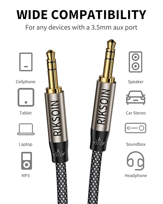 3.5mm Aux Cable, Silver-Plated Wire Core Male to Male Cord for Headphones Car Home Stereos Speaker Compatible with iPhone iPad iPod Echo -16.4FT/5M