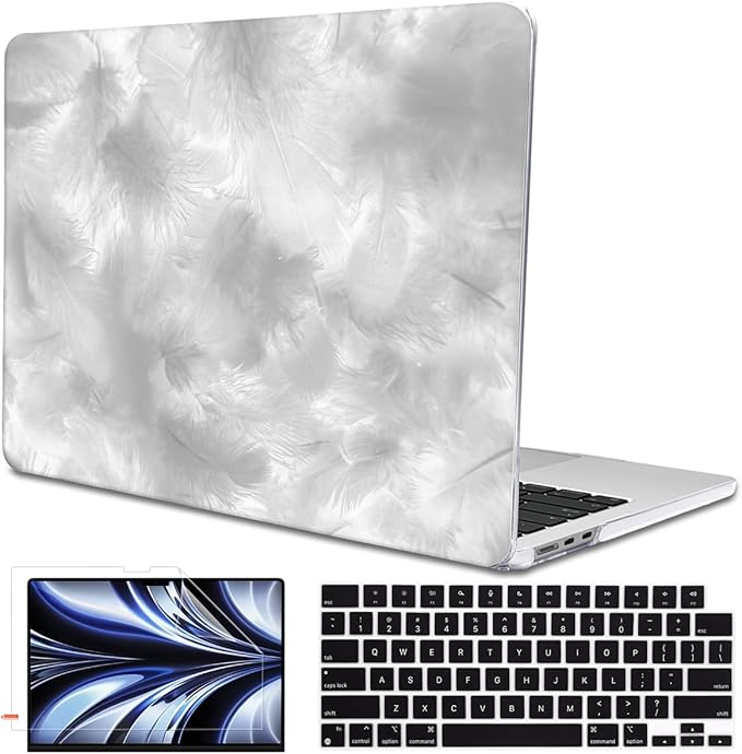 for M4 MacBook Air 13.6 Case 2025 2024 2023 2022 M3 A3113 A2681 M2 Chip, Pattern Plastic Matte Hard Shell Case Keyboard Skin for 2025 Mac Air 13.6 inch Cover M4 A3420 Touch ID, Gray Feather