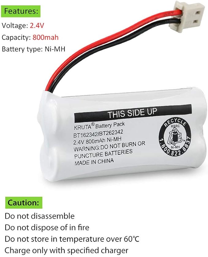 Kruta BT162342 BT262342 Cordless Phone Batteries Compatible with BT183342 BT283342 BT166342 BT266342 VTech CS6114 CS6419 CS6719 at&T EL52300 CL80111 Handset Telephone (Pack of 2)