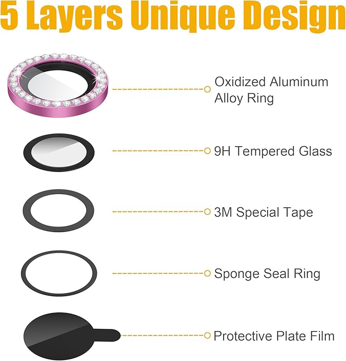 AGVEE 3+3 6 Pack for iPhone 14 Pro 6.1" / 14 Pro Max 6.7" Camera Lens Cover Protector, Bling Diamond & Bling Glitter Metal Ring 9H Tempered HD Glass Camera Cover Protector Film, Bling-Rose