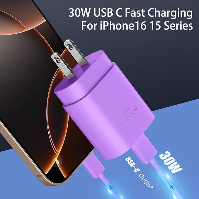 Phone 16 15 Charger,30W USB C Fast Charger Block & 10FT Long C to C Fast Charging Cable Cord for Phone 16 15/16 15 Pro Max/ 16 15 Plus/ 15 Mini,Pro 12.9/11 inch,10th Gen,Samsung Galaxy S24Ultra,Purple