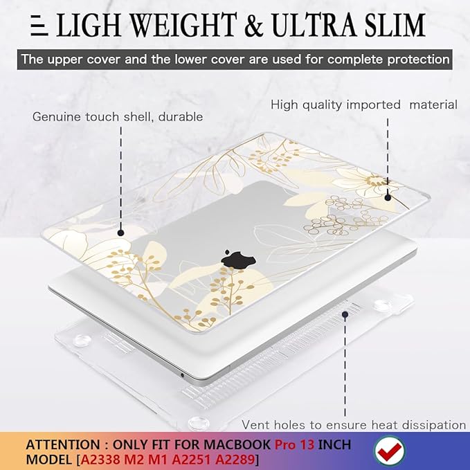 CISSOOK Compatible with M2 MacBook Pro 13 Inch Case 2025-2020 Release M1 M2 A2338 A2289 A2251, Plastic Hard Shell Case & Keyboard Cover for MacBook Pro 13 with Touch Bar, Golden Flowers