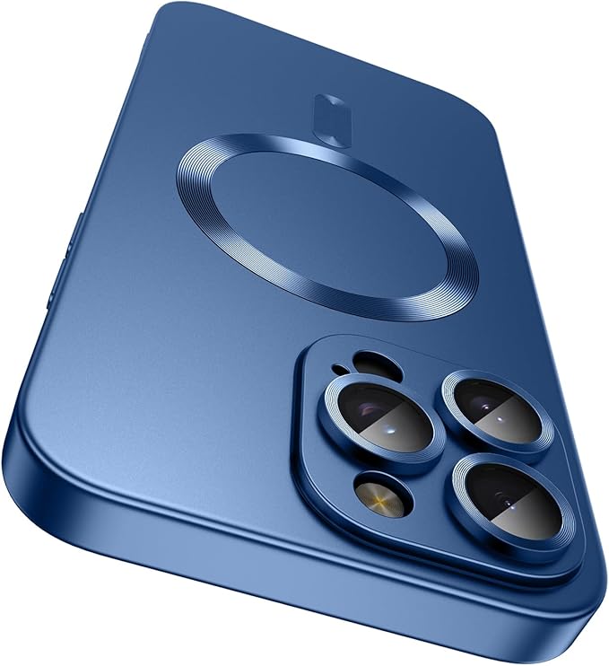 Magnetic for iPhone 16 Pro Case [Compatible with MagSafe][Built-in Camera Lens Protector] Slim Soft Silicone Bumper Shockproof Metallic Luster Phone Case (Blue)