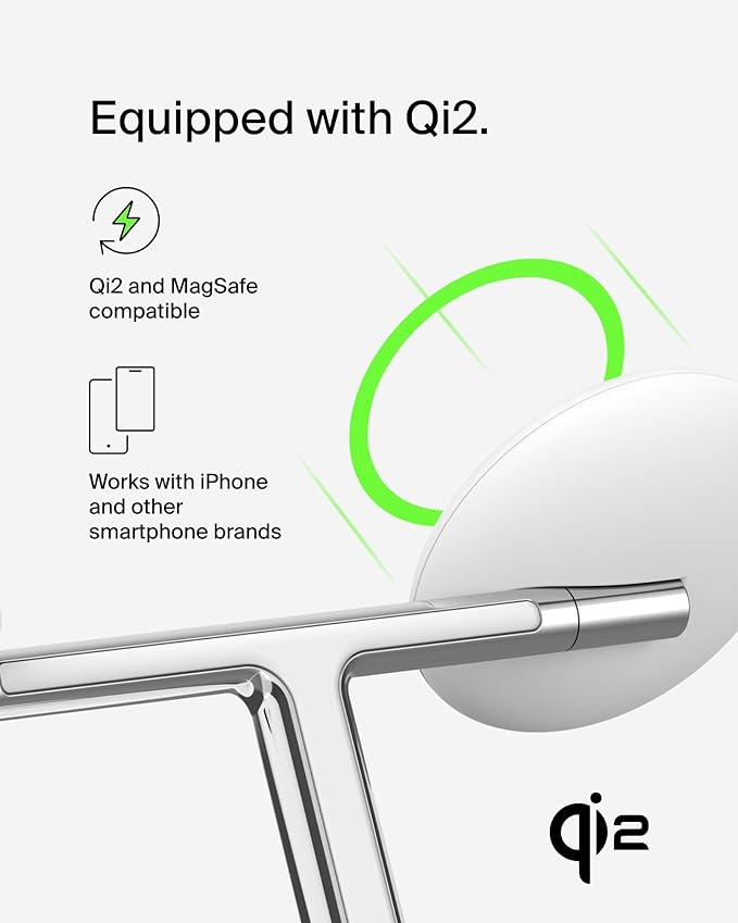 Belkin MagSafe-Compatible 3-in-1 Wireless Charger Stand 15W - Qi2-Certified Wireless Charging Station, Fast Charging of iPhone 16, AirPods, & Apple Watch - 36W Included - White