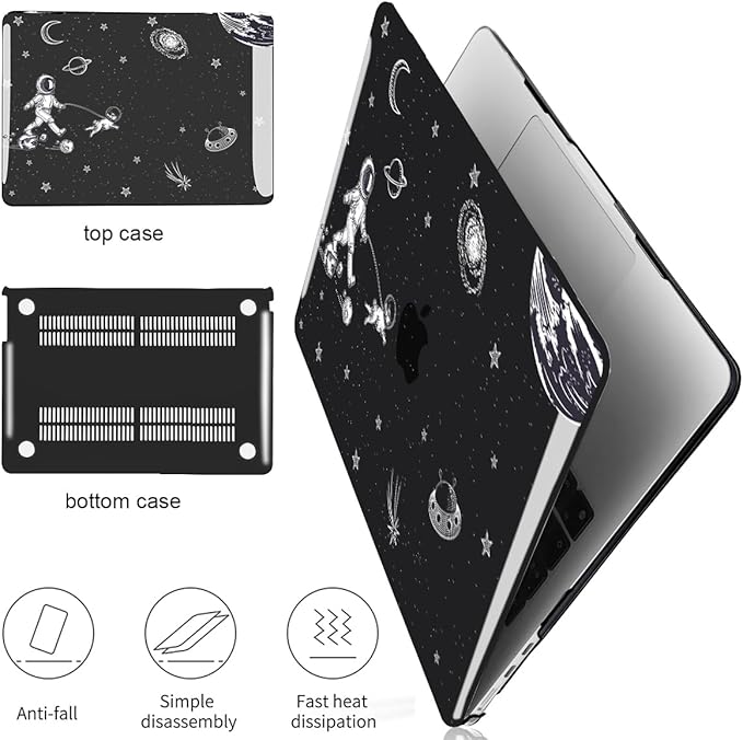 for MacBook Air 13.6 inch Case 2025 2024 2023 2022 Release M4 A3240 M3 A3113 M2 A2681, Black Printed Plastic Hard Shell Case Cover for Mac Air 13.6 M4 Chip Touch ID, Astronauts Space Dog