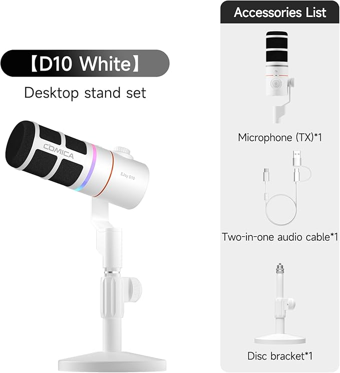 COMICA EJoy D10(D) USB Gaming Microphone – RGB Dynamic Mic with Noise Cancellation, XLR/USB-C, Real-Time Monitoring, Muting, Professional Studio Mic for Gaming, Streaming, Podcast, Recording (White)