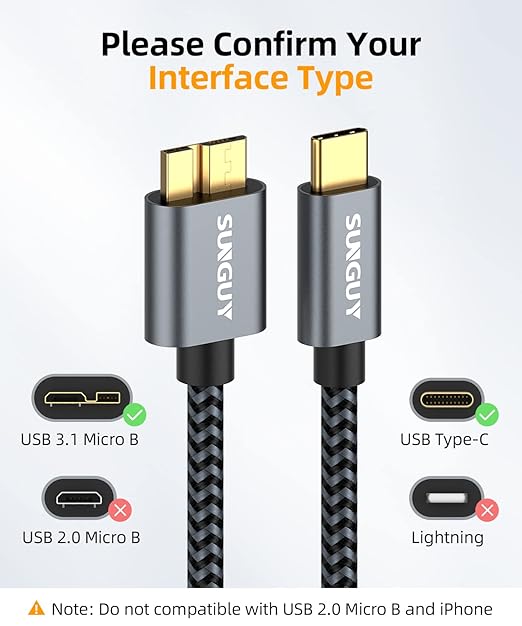 SUNGUY 10Gbps 5FT Micro B to USB C Hard Drive Cable, USB 3.1 USB C to Micro B, High-Speed External Hard Drive USB C Cable for iPhone 16 15 Pro/Pro Max, MacBook Pro/Air, WD Toshiba Westgate Seagate