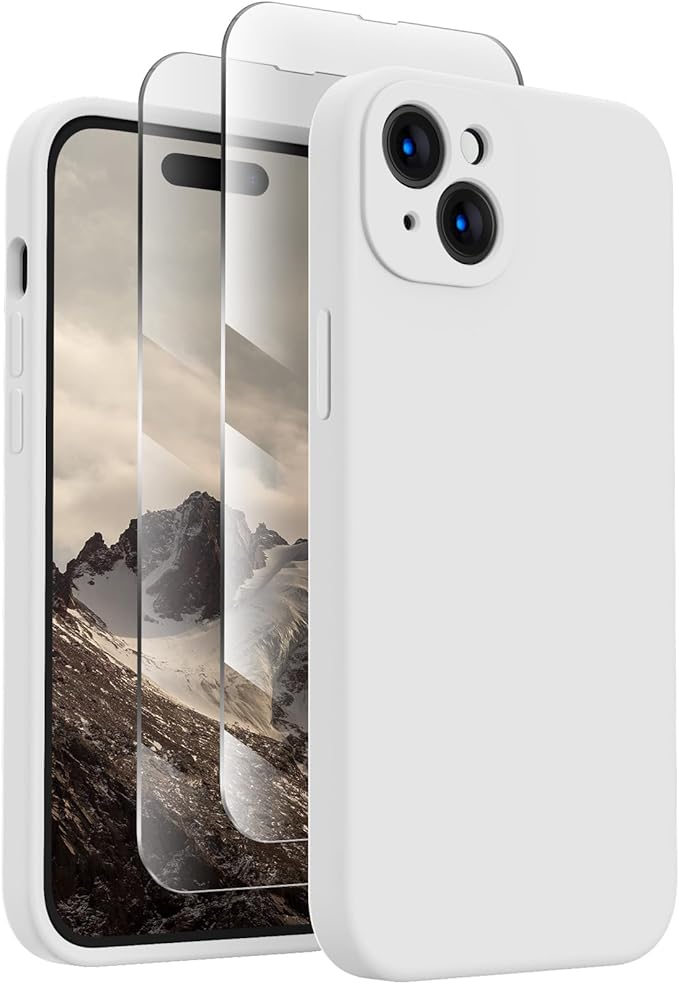FireNova Designed for iPhone 15 Case, Silicone Upgraded [Camera Protection] Phone Case with [2 Screen Protectors], Soft Anti-Scratch Microfiber Lining Inside, 6.1 inch, White