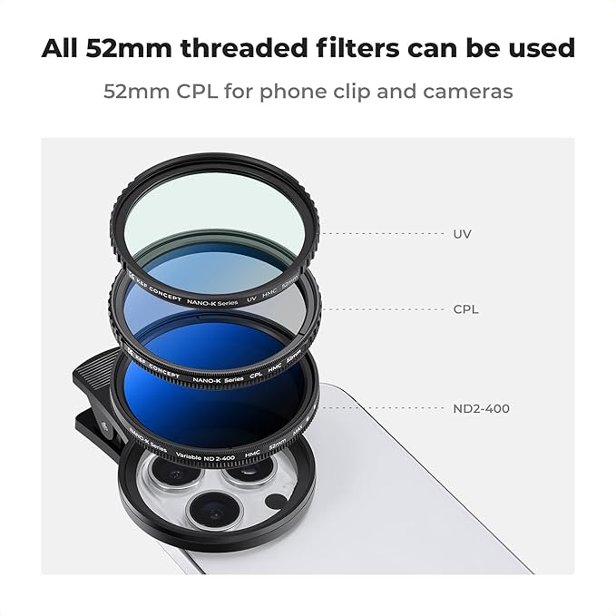 K&F Concept 52mm Clip-on CPL Phone Camera Lens Filter Kit, Circular Polarizer Polarizing Filter Compatible with iPhone 15 14 13 12 11