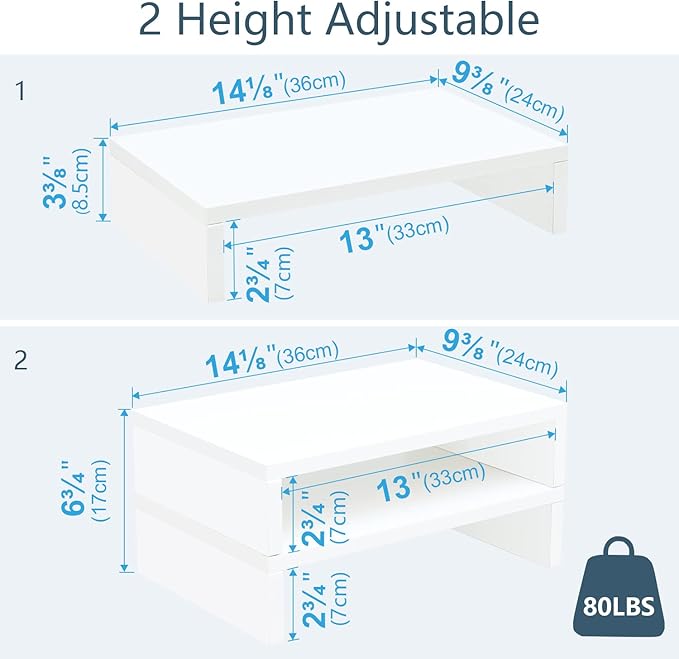 TEAMIX White Monitor Stand Riser - 2 Pack, Wood 2 Tier Adjustable Dual Monitor Riser for Laptop/PC Computer Stand for Desk