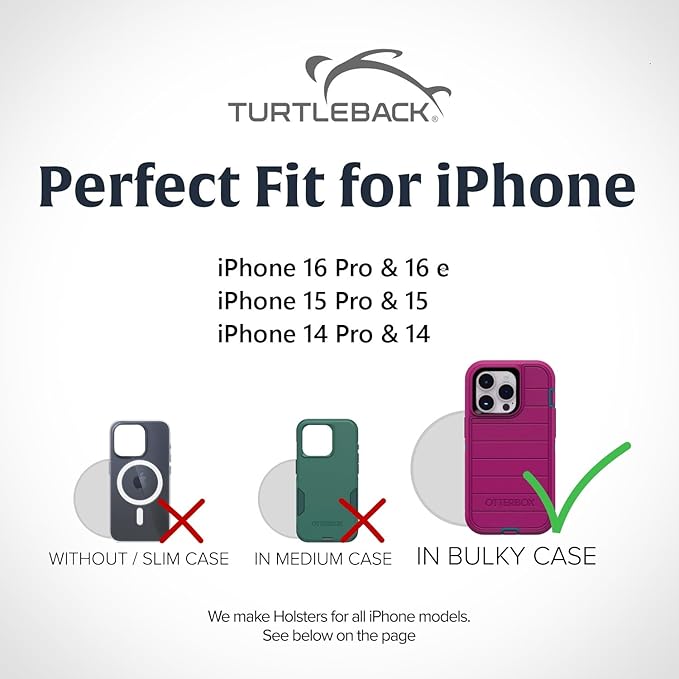 Turtleback Belt Clip for iPhone 16 Pro, 16e, 15 pro 14 Pro 13 Pro -Large- Fits w/Defender Bulky Style Cases, Premium Black Leather, Horizontal Belt Holder, Magnetic Closure HD Rotating Belt Clip