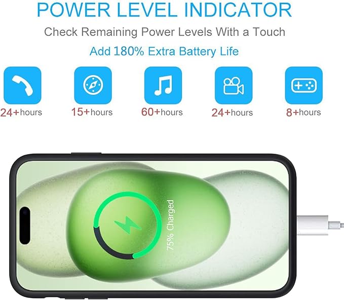 Battery Case for iPhone 15, Upgraded 10000mAh Portable Protective Charging Case with Wireless Charging Compatible with iPhone 15 (6.1 inch) Rechargeable Battery Pack Charger Cover with Carplay (Black)