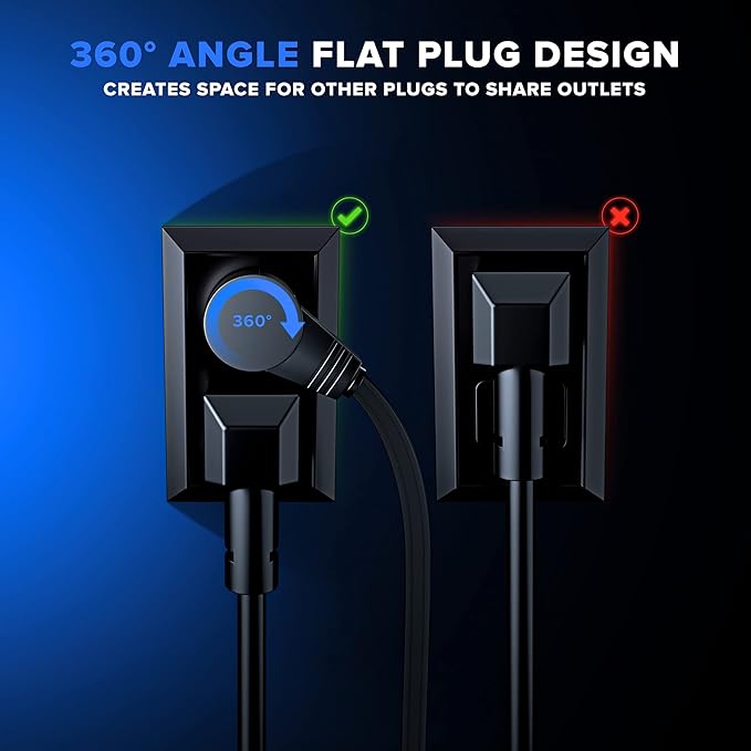 Maximm Cable 12 Ft 360° Rotating Flat Plug Extension Cord, 16/3 AWG Multi 3 Outlet 3-Prong Grounded Wire- Black - UL Certified
