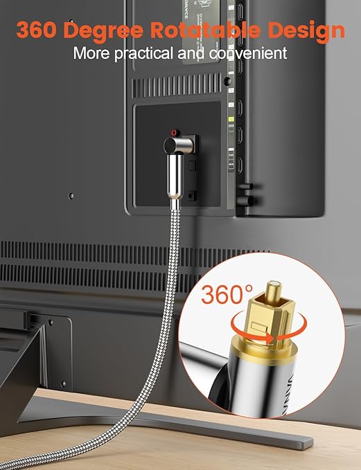 VANAUX 90-Degree Optical Audio Cable 3FT,90 Degree to 90 Degree Fiber Optic Toslink Cable(24K Gold-Plated Connectors,Braided Jacket) Ideal for Tight Spaces,Home Theater,Soundbars,Gaming Consoles