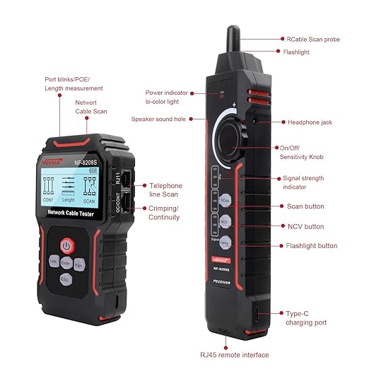 NOYAFA NF-8209S Network Cable Tester for CAT5, CAT6, LAN/Ethernet with PoE and NCV, LCD Anti-Interference scan Mode Wire Tracer Lithium Battery Charge