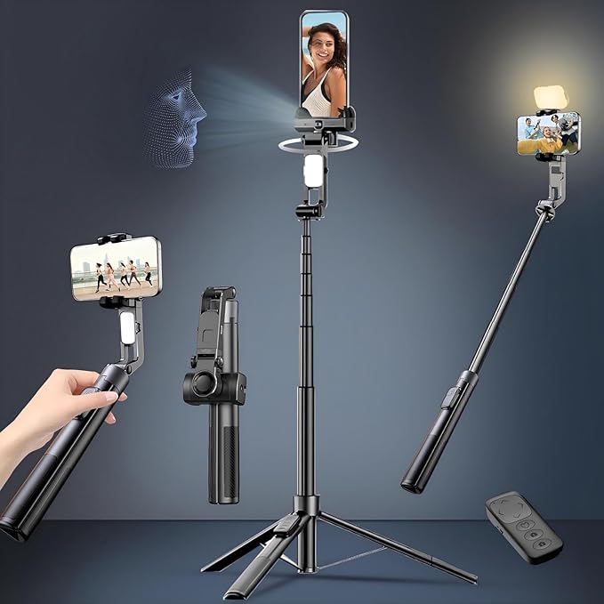 71" Tripod for iPhone with Light, Auto Face Tracking Selfie Stick Tripod, Upgrade Strong Gimbal Stabilizer 360 Rotation with Remote for Content Creator Vlog Live Streaming Video Record Tiktok YouTube